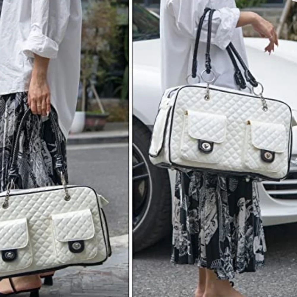 Faux patent leather quilted pet carrier